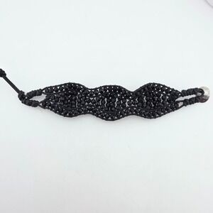 Vintage Marcramé Wrap Bracelet Wavey Jet Black Glass Beads Black Leather Cord 8"